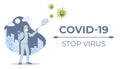 Covid-19, stop virus poster concept. Medical worker fighting coronavirus outdoor vector flat illustration.