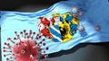 Covid in Szeged - coronavirus attacking a city flag of Szeged as a symbol of a fight and struggle with the virus pandemic in this