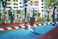 COVID19 tape barriers surrounding exercise areas in Singapore