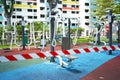 COVID19 tape barriers surrounding exercise areas in Singapore
