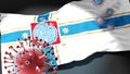 Covid in Tbilisi - coronavirus attacking a city flag of Tbilisi as a symbol of a fight and struggle with the virus pandemic in Royalty Free Stock Photo