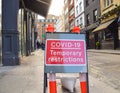 Covid-19 Temporary Restrictions road sign in Soho, London, UK Royalty Free Stock Photo