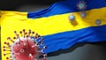 Covid in Teplice - coronavirus attacking a city flag of Teplice as a symbol of a fight and struggle with the virus pandemic in