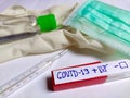 Covid test positive patient sample must wear face mask sanitizer handgloves lab table view.