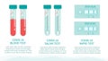 COVID-19 test. Tubes with blood sample, saliva and rapid test. Lab research and diagnosis. Medicine vector concept in flat design