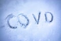 Covid text written in the snow. Concept of covid-19 pandemic usable for background or poster for the 2020 winter and