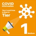 Covid-19 - Tier 1 Local Lockdown vector Illustration on an orange background with megaphone and virus logo