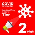 Covid-19 - Tier 2 Local Lockdown vector Illustration on a red background with megaphone and virus logo