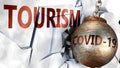 Covid and tourism,  symbolized by the coronavirus virus destroying word tourism to picture that the virus affects tourism and Royalty Free Stock Photo