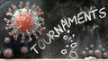 Covid and tournaments - covid-19 viruses breaking and destroying tournaments written on a school blackboard, 3d illustration