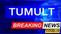 Covid and tumult in breaking news - stylized tv blue news screen with news related to corona pandemic and tumult, 3d illustration Royalty Free Stock Photo