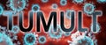 Covid and tumult, pictured by word tumult and viruses to symbolize that tumult is related to corona pandemic and that epidemic Royalty Free Stock Photo