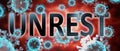 Covid and unrest, pictured by word unrest and viruses to symbolize that unrest is related to corona pandemic and that epidemic
