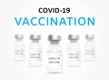 COVID-19 Vaccination Banner. Vaccine bottles are in a row and one in the center is selected. Vaccination Campaign Concept. Royalty Free Stock Photo