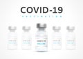 COVID-19 Vaccination Banner. Vaccine bottles are in a row and one in the center is selected. Vaccination Campaign Concept. Royalty Free Stock Photo