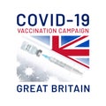 Covid-19 Vaccination Campaign in the United Kingdom. Vaccine drawn syringe from ampoule on the background of coronavirus cells and Royalty Free Stock Photo