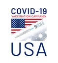 Covid-19 Vaccination Campaign in the USA. Vaccine drawn syringe from ampoule on the background of coronavirus cells and US flag. Royalty Free Stock Photo