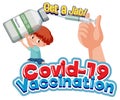 Covid-19 Vaccination font with a boy holding vaccine bottle and syring