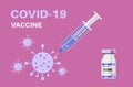 Covid-19 vaccination syringe with virus vaccine bottle vector on a pink background