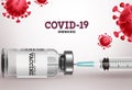 Covid-19 vaccination vector banner. Covid19 coronavirus vaccine bottle and syringe injection