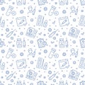 Covid vaccine blue seamless pattern. Vector background included line icons as blood antibody report, medical test