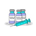 Covid-19 vaccine bottles and syringe. Coronavirus protection.