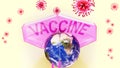 Covid vaccine - corona virus attacking Earth that is protected by an umbrella with English word vaccine as a symbol of a human