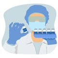 Covid-19 vaccine development concept. Medical researcher or scientist holds vaccine vials. Vector