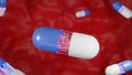 COVID-19 vaccine drug. Blue and white pill is destroying red coronavirus disease. Healthcare and medical or pandemic concept. Red