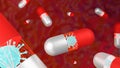 COVID-19 vaccine drug. Red and white pill is destroying red coronavirus disease. Healthcare and medical or pandemic concept. Red