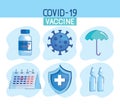 Covid19 vaccine lettering with six icons