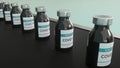 Covid-19 vaccine manufacturing, bottles vials passing on conveyor belt. 3d rendering
