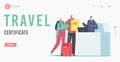 Covid 19 Vaccine Travel Certificate Landing Page Template. Characters in Facial Masks with Luggage and Health Passport