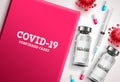 Covid-19 vaccine vector banner. Covid-19 coronavirus vaccination bottle and injection tools