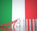 COVID-19 vaccine vial prevents falling of people figures at the flag of Italy. Medical conceptual 3D rendering