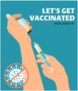 Covid-19 Vacctination Poster. Doctor`s hand holding syringe and vaccine bottle. Vector illustration