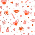 Covid Valentines day pattern. Heart in face mask, coronavirus protection, virus, distance love background. Royalty Free Stock Photo