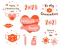 Covid Valentines day 2021 set pink elements Coronavirus Valentines day clipart. Heart, lmedical face mask, quarantine