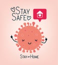 Covid 19 virus cartoon house hearts bubble and stay safe at home text vector design