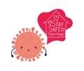 Covid 19 virus cartoon house hearts and stay safe at home text vector design