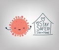 Covid 19 virus cartoon house hearts and stay safe at home text vector design