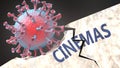 Covid virus destroying cinemas - big corona virus breaking a solid, sturdy and established cinemas structure, to symbolize