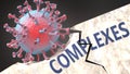 Covid virus destroying complexes - big corona virus breaking a solid, sturdy and established complexes structure, to symbolize