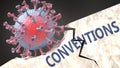 Covid virus destroying conventions - big corona virus breaking a solid, sturdy and established conventions structure, to symbolize