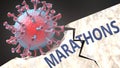 Covid virus destroying marathons - big corona virus breaking a solid, sturdy and established marathons structure, to symbolize