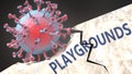 Covid virus destroying playgrounds - big corona virus breaking a solid, sturdy and established playgrounds structure, to symbolize