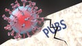Covid virus destroying pubs - big corona virus breaking a solid, sturdy and established pubs structure, to symbolize problems and