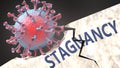 Covid virus destroying stagnancy - big corona virus breaking a solid, sturdy and established stagnancy structure, to symbolize Royalty Free Stock Photo