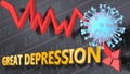 Covid virus and great depression, symbolized by a price stock graph falling down, the virus and word great depression to picture