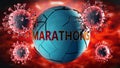 Covid-19 virus and marathons, symbolized by viruses destroying word marathons to picture that coronavirus outbreak destroys